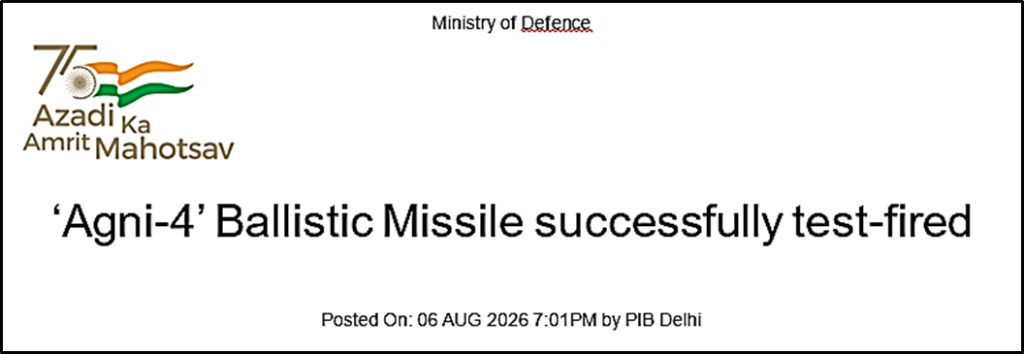 Agni-4 Ballistic Missile Successfully Test-Fired