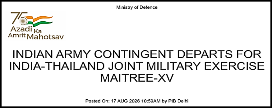 Indian Army Departs for Exercise MAITREE-XV in Thailand