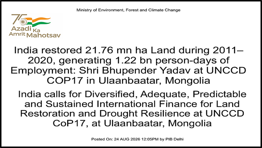India Showcases Green Finance Architecture and 21.76 Million Hectares Restored at UNCCD CoP17