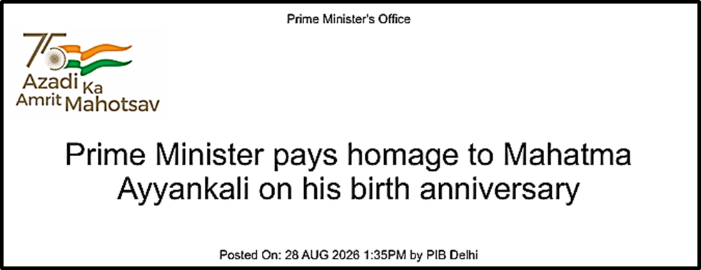 Prime Minister Pays Homage to Mahatma Ayyankali On Birth Anniversary