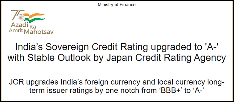 India’s Sovereign Credit Rating Upgraded to ‘A-’ by Japan Credit Rating Agency