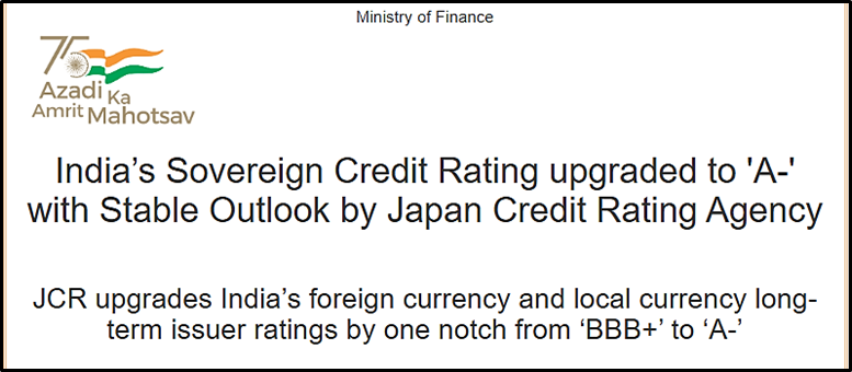 India’s Sovereign Credit Rating Upgraded to ‘A-’ by Japan Credit Rating Agency