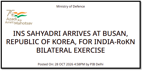 INS Sahyadri Arrives at Busan for India–Republic of Korea Naval Exercise